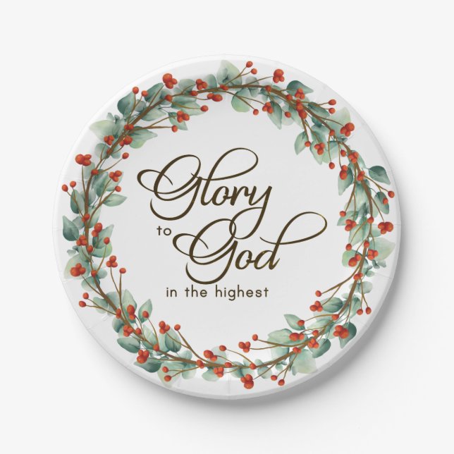 Christmas Wreath Glory to God Bible Verse Paper Plate (Front)