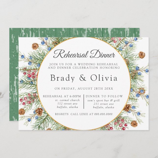 Christmas Wreath Gold Geometric Rehearsal Dinner Invitation (Front/Back)