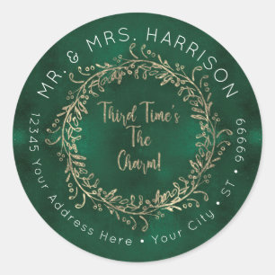 Christmas Wreath Gold Glitter Green Script Foliage Classic Round Sticker