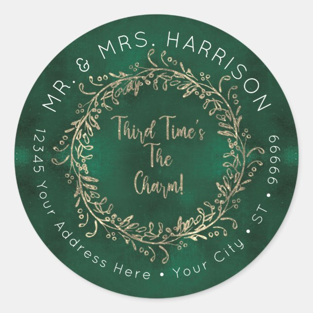 Christmas Wreath Gold Glitter Green Script Foliage Classic Round Sticker (Front)