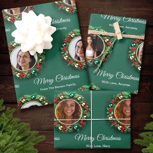 Christmas Wreath Green Family Photo Personalised  Wrapping Paper Sheet