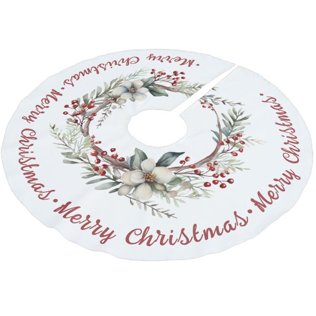 Christmas wreath greenery flowers and berries brushed polyester tree skirt (Angled)