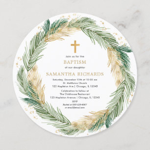 Christmas wreath greenery gold foil baptism invitation