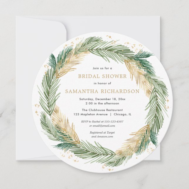 Christmas wreath greenery gold pine bridal shower invitation (Front)