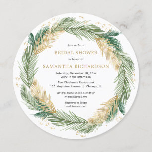 Christmas wreath greenery gold pine bridal shower invitation