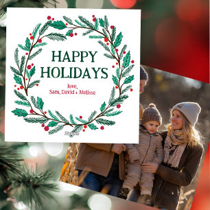 Christmas Wreath Hand-Drawn CUSTOM PHOTO Holiday Card