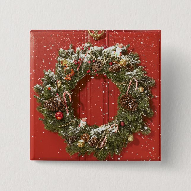 Christmas wreath hanging on a door 15 cm square badge (Front)