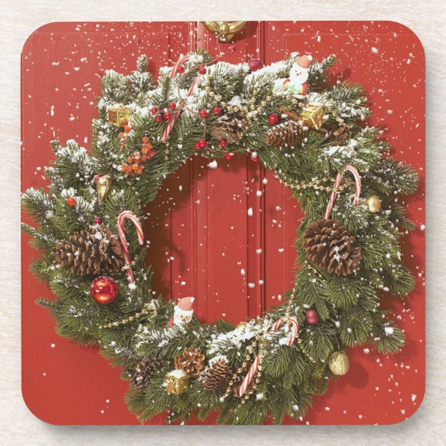 Christmas wreath hanging on a door coaster (Front)