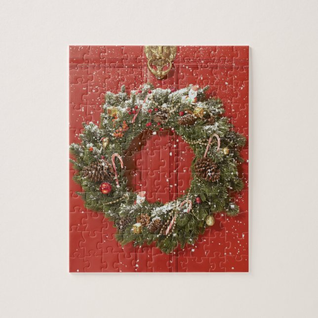 Christmas wreath hanging on a door jigsaw puzzle (Vertical)