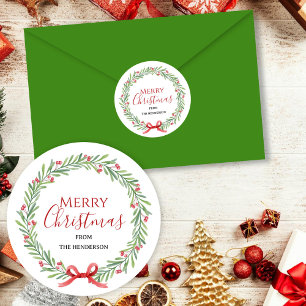 Christmas Wreath Happy Holidays Family Name Classic Round Sticker