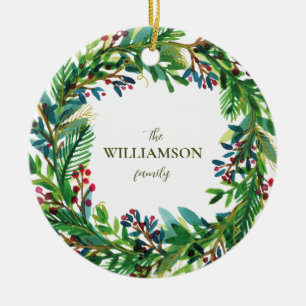 Christmas Wreath Holiday family name Holi Ceramic Ornament