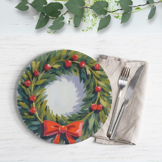 Christmas Wreath Holiday Party Painted Paper Plate