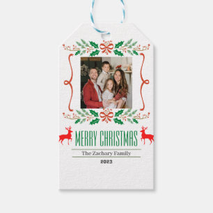 Christmas Wreath holidays Script Family Photo Gift Tags