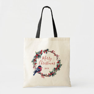 Christmas wreath Holly and bullfinch Tote Bag