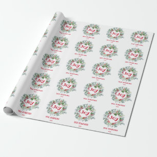 Christmas Wreath Holly Berry Joy Holidays Monogram Wrapping Paper