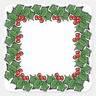Christmas wreath holly leaves red berries green square sticker