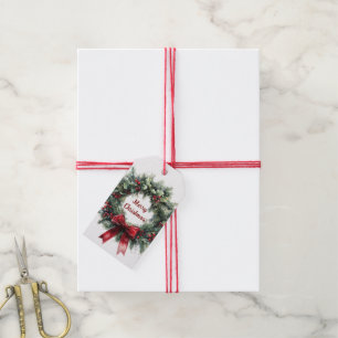 Christmas Wreath Holly Leaves Red Bow Greenery  Gift Tags