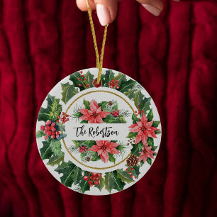 Christmas Wreath Holly Poinsettia Family Photo Ceramic Ornament