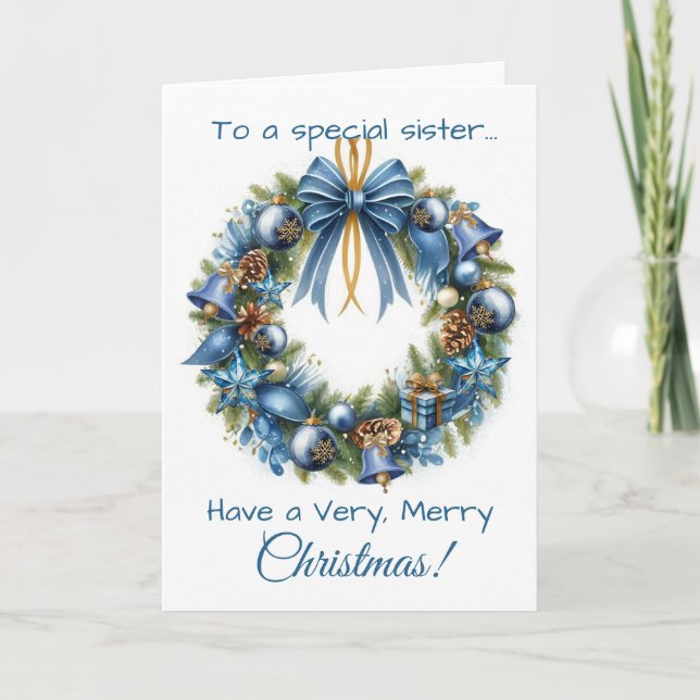 Christmas Wreath in Blue & Gold Card for Sister (Front)