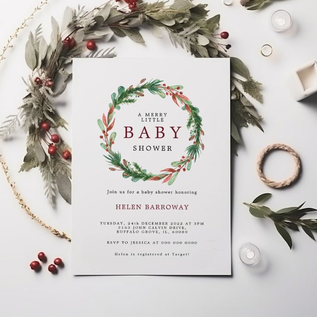 Christmas Wreath in Burgundy Baby Shower Invitation (Creator Uploaded)