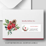 Christmas wreath individual guest address labels<br><div class="desc">Personalised Christmas wedding guest name and address mailing labels with an elegant rustic watercolor seasonal floral family monogrammed wreath and a trendy modern typography script.</div>