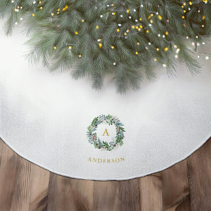 Christmas Wreath "Joy" Family Monogram Brushed Polyester Tree Skirt