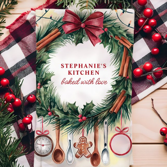 Christmas Wreath Kitchen Utensils Personalised Tea Towel (Creator Uploaded)