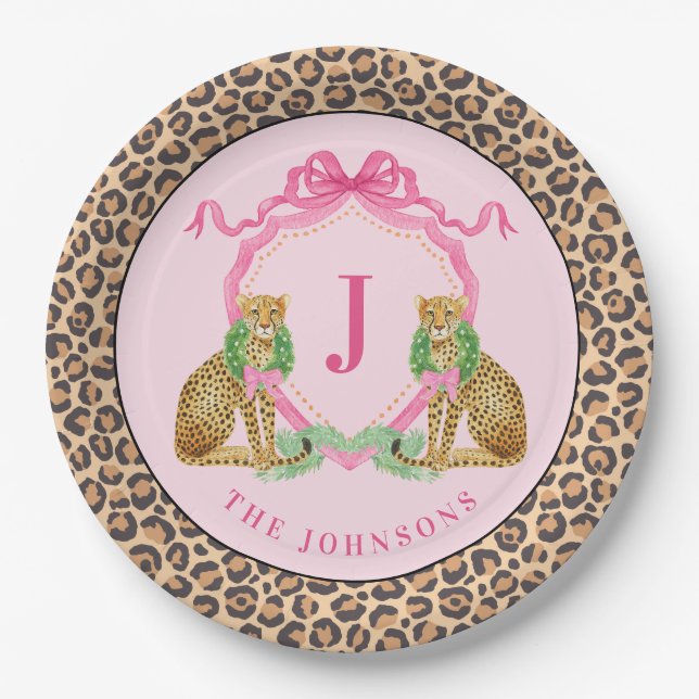 Christmas Wreath Leopard Crest Monogram  Paper Plate (Front)