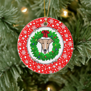 Christmas Wreath & Lights Whippet - Fawn & white Ceramic Ornament