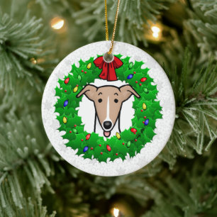 Christmas Wreath & Lights Whippet - Fawn & white Ceramic Ornament