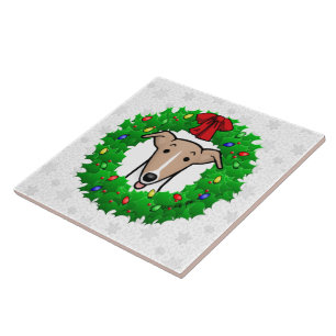 Christmas Wreath & Lights Whippet - Fawn & white Ceramic Tile
