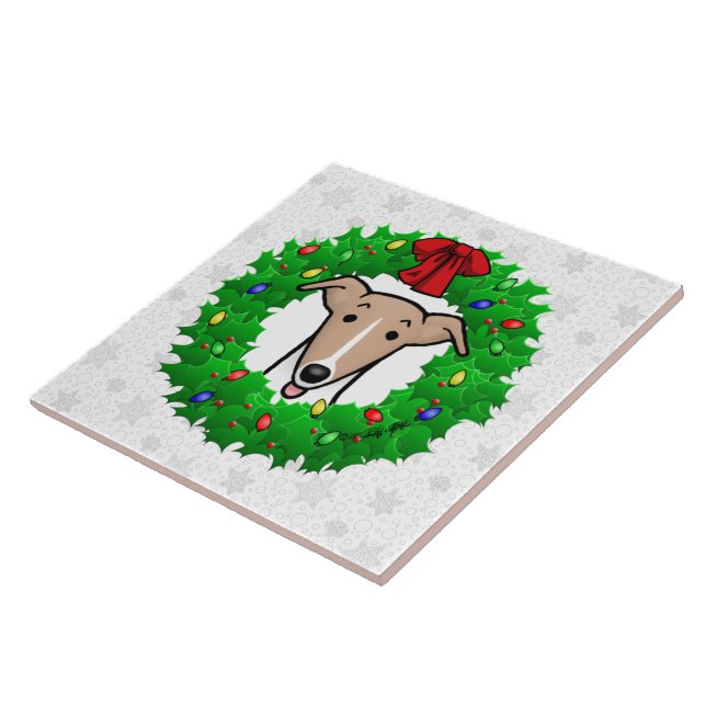 Christmas Wreath & Lights Whippet - Fawn & white Ceramic Tile (Side)
