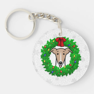 Christmas Wreath & Lights Whippet - Fawn & white Key Ring