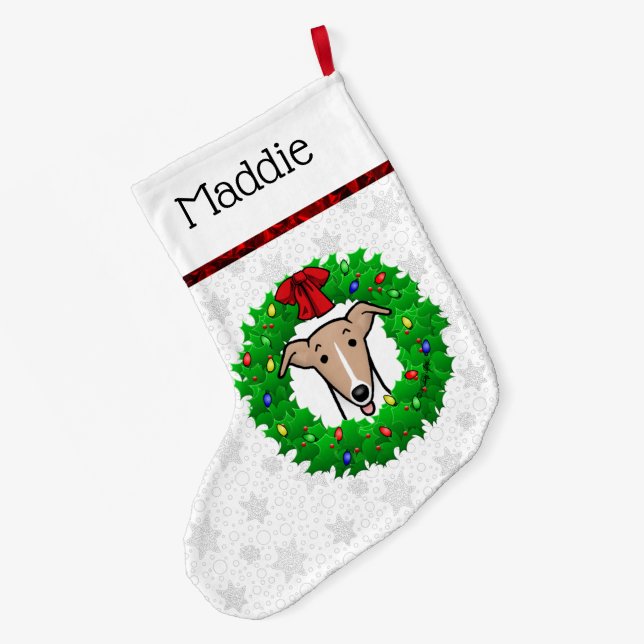 Christmas Wreath & Lights Whippet - Fawn & white Large Christmas Stocking (Back (Hanging))