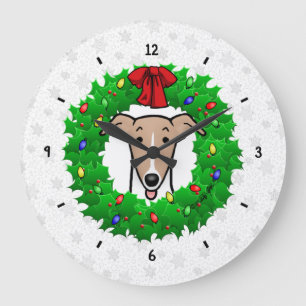 Christmas Wreath & Lights Whippet - Fawn & white Large Clock