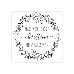 Christmas Wreath Made With Love Personalised Rubber Stamp