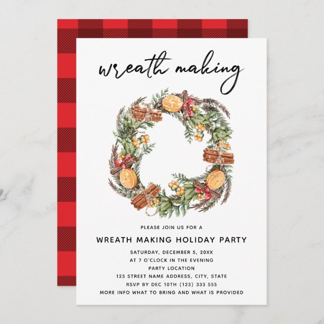 Christmas Wreath Making Party Red Plaid Invitation (Front/Back)