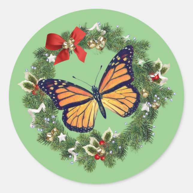 Christmas Wreath Monarch Butterfly Sticker (Front)