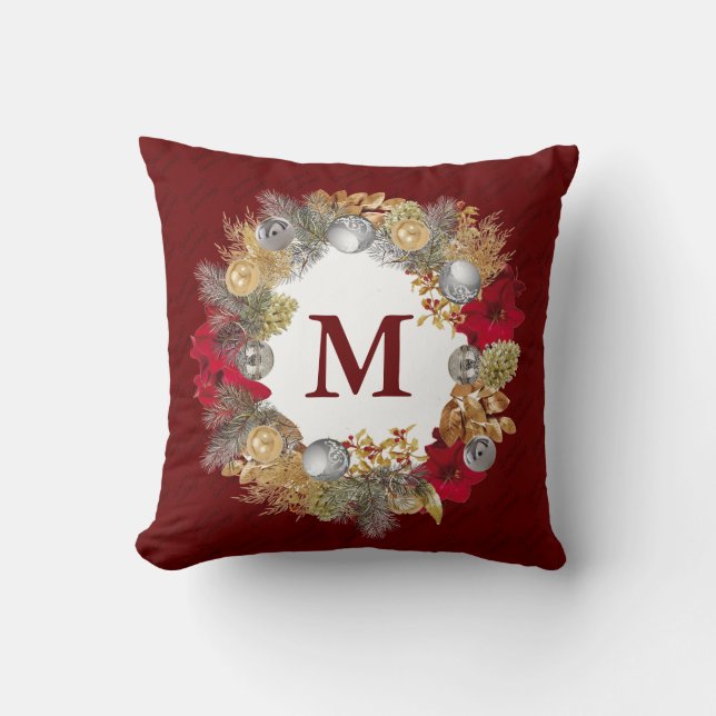 Christmas Wreath MONOGRAM Burgundy Cushion (Front)