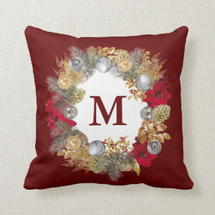 Christmas Wreath MONOGRAM Burgundy Cushion