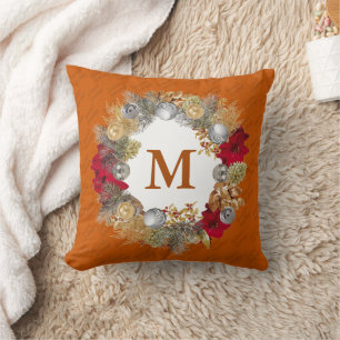 Christmas Wreath MONOGRAM Burnt Orange Cushion