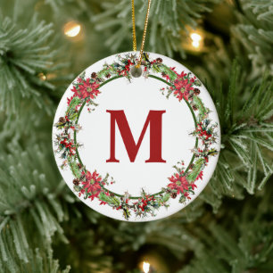 Christmas Wreath monogram Ceramic Ornament