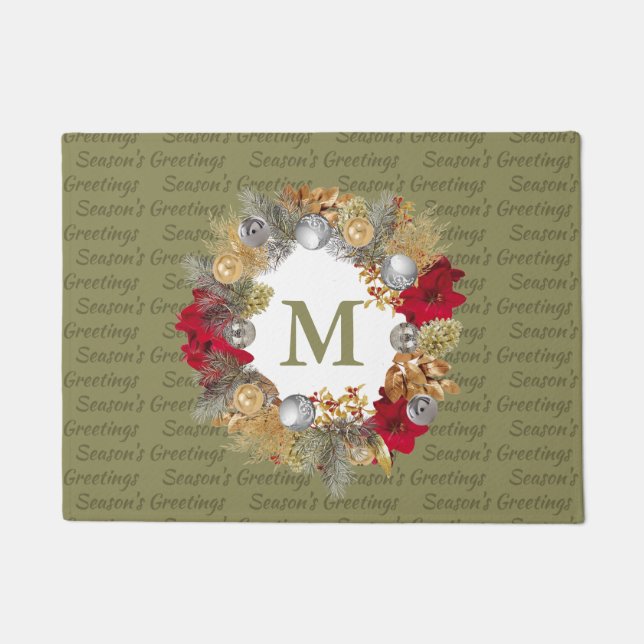 Christmas Wreath MONOGRAM Decorative OLIVE GREEN Doormat (Front)