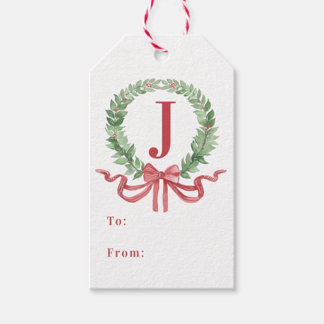 Christmas Wreath Monogram  Gift Tags (Front)
