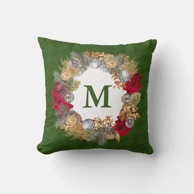 Christmas Wreath MONOGRAM Green Cushion (Front)