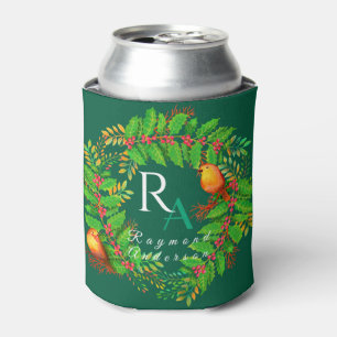 Christmas Wreath Monogram Hunter Green Can Cooler