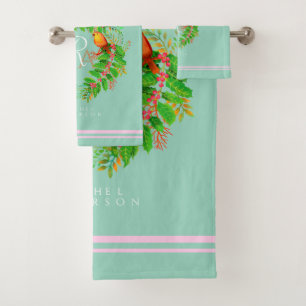 Christmas Wreath Monogram Light Teal Bath Towel Set
