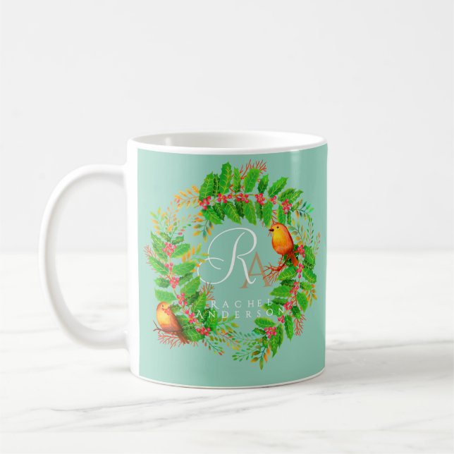 Christmas Wreath Monogram Light Teal Coffee Mug (Left)