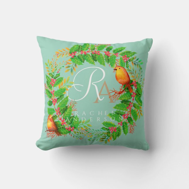 Christmas Wreath Monogram Light Teal Cushion (Front)