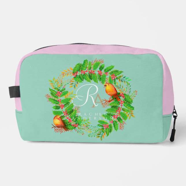 Christmas Wreath Monogram LIght Teal Dopp Kit (Front)